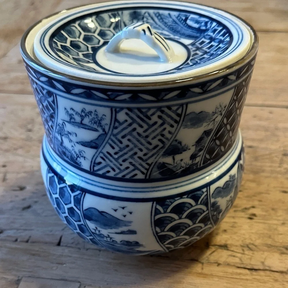 Japanese Blue & White Ceramic Mizusashi (Tea Ceremony Water Jar) - Picture 1 of 11